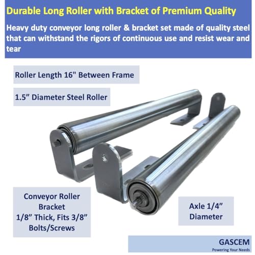 Long Roller with Bracket Set | 16\" Length, 1.5\" Diameter Conveyor Rollers | Galvanized Steel | Versatile Support for Roller Stands, Woodworking, and Roller Conveyors | Pack of 2