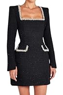 Premium Tweed Fabric & Timeless Elegance -- Crafted from high-quality tweed, this Women's Elegant Tweed Mini Dress offers a soft, skin-friendly feel while ensuring all-day comfort. The vintage square neck and pearl embellishments enhance its retro ch...