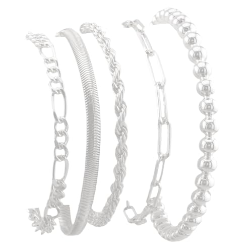 KKOXZ 14K Gold Plated Waterproof Bracelets for Women Dainty Thin Cuban Link & Paperclip Chain Bracelet Set Stackable Trendy Fashion Jewelry Gift Pack (5Pcs Sliver)