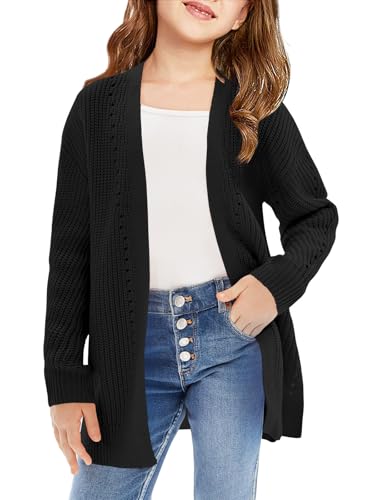 Haloumoning Girls Open Front Cardigan Sweaters Kids Fall Fashion Side Slit Outerwear 5-14 Years Black
