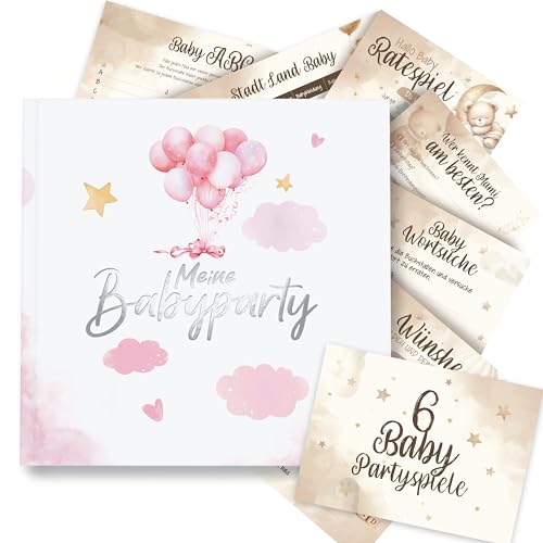 colortouch Gästebuch Babyparty mit Babyshower Spiele 50 Karten, 6 witzige Ratespiel Set für Babyparty zum Ausfüllen, Baby Shower Schwangerschaft Premium Geschenk für Junge & Mädchen, Gender Reveal