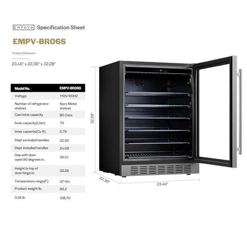 Image of Empava 24 inch Undercounter Beverage Cooler Refrigerator with Glass Door, Freestanding Drink Fridge with LED Light, Touch Control, 140 Cans Capacity