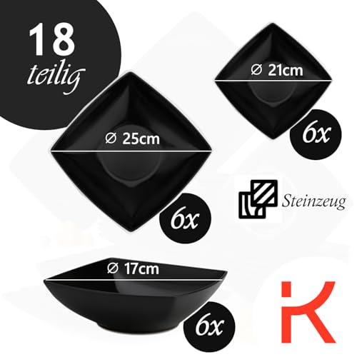 KONSIMO EPIRI Geschirrset 6 Personen, 18-teiliges Tafelservice aus Steinzeug – Modernes Teller Set mit Speisetellern, Frühstückstellern & Schalen Geschirr Set (Schwarz Matt, für 6 Personen)