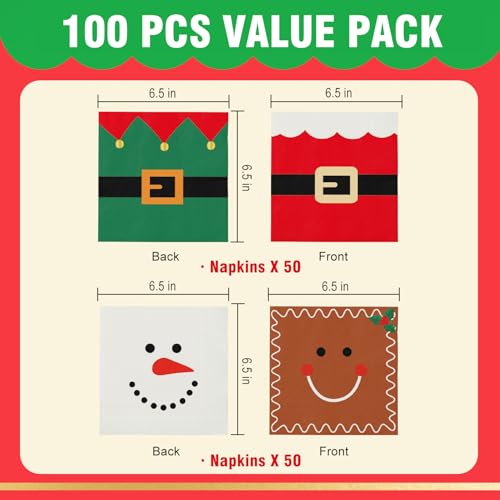 100 Christmas Napkins, Christmas Cocktail Napkins, Xmas Snowman Gingerbread Man Elf & Santa Party Napkins for Holiday Decorations Table Décor Party Supplies – Image 3