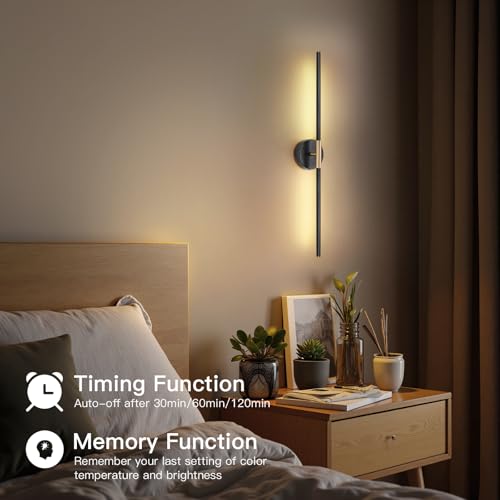 Image of Battery Operated Wall Sconces Set of Two 360 Rotate Wireless Rechargeable Light Dimmable with Remote - Black Gold Modern Sconces Cordless Wall Decor for Home Bedroom Timer 31.5 Inch