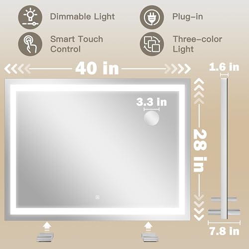 Image of ROLOVE 40x28 Inch Lighted Vanity Mirror, 3-Color Lighting & Dimmable Modes, Large LED Makeup Mirror for Bathroom /Dressing Room (Wall /Tabletop Mount, White)