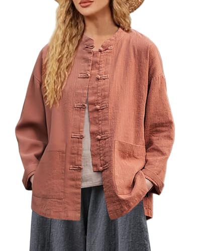 IXIMO Women's Linen Casual Shirt Jacket Chinese Frog Button Orange Large