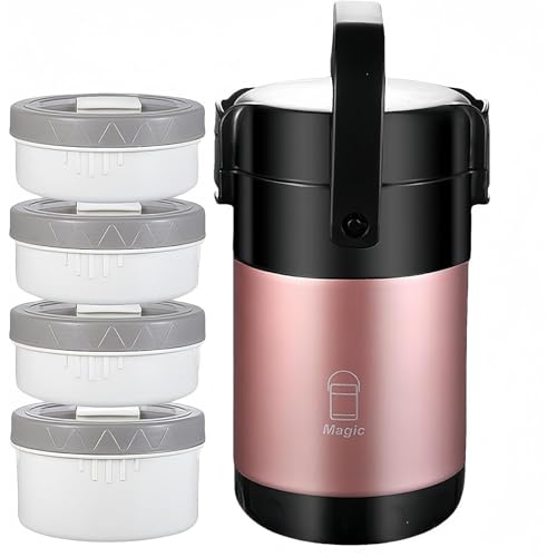 Lekolock 断熱弁当箱セット サーモス ランチジャー 大容量 2段 /3段/4段 6-8時間の保温 ステンレス フードジャー ポータブルお弁当箱 食器と収納バッグ付き ランチボックス フードコンテナ 通勤 運動会 通学 キャンプ ランチジャー (ピン