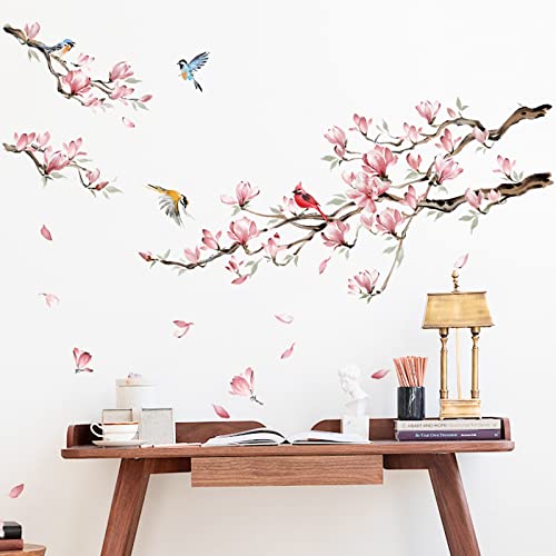 decalmile Magnolia Flowers Tree Branch Wall Decals Pink Floral Blossom ...