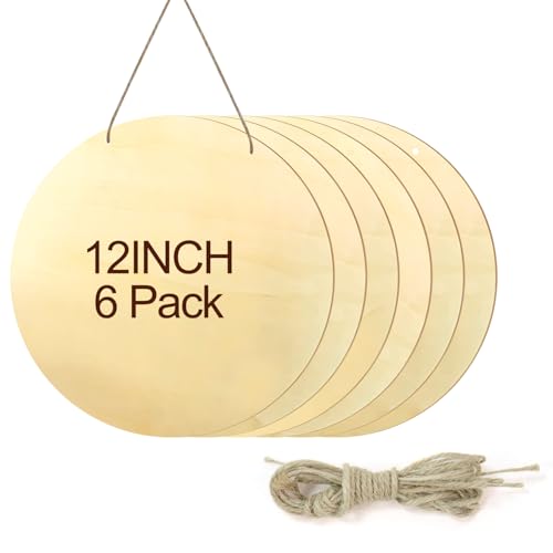 6Pack 12 Inch Round Wooden Discs for Crafts DIY Projects Wooden Door Hanger Signs and Painting Holiday Decorations
