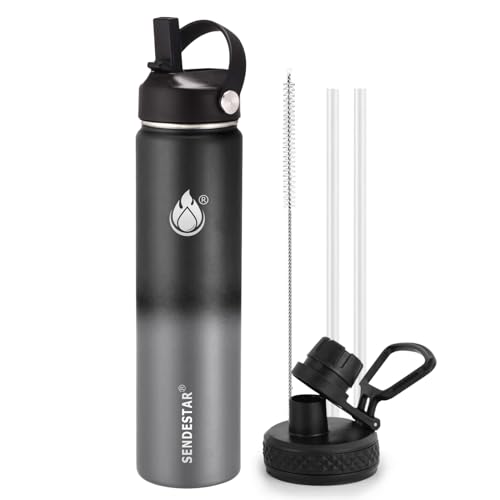 Image of Insulated Water Bottle 24 oz with Straw, Stainless Steel Wide Mouth Water Bottle, Double Wall Vacuum Leak Proof with Straw Lid & Spout Lid for Sports or Office, Keep Cold or Hot Up to 24 Hrs