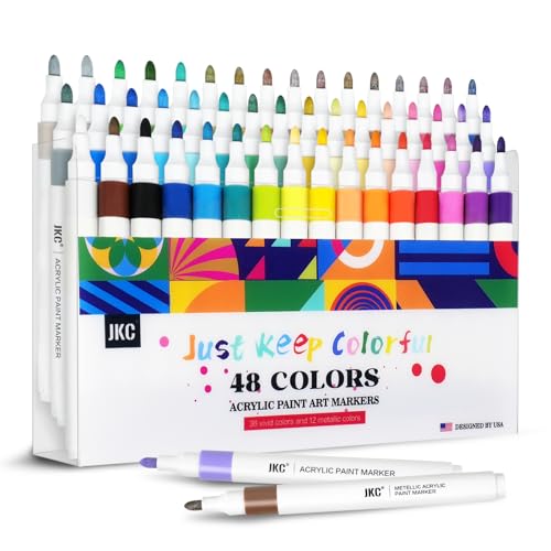 JKC 48 Colors Acrylic Paint Markers Set, Acrylic Paint Pens with Medium Tip for Kids Adults, Acrylic Markers for Rock Painting, Pumpkin, Stone, Canvas, Wood, Paper, Glass, Ceramic, Fabric, Plastic Egg