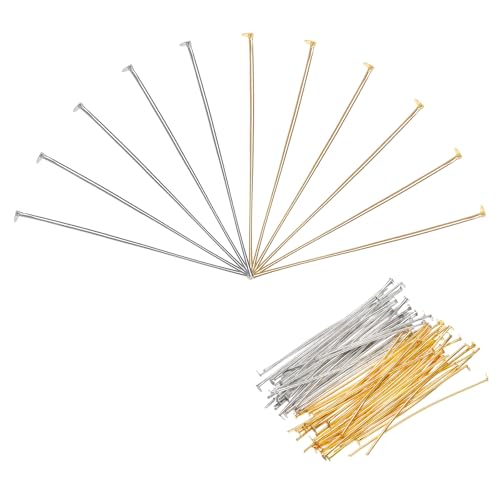 MECCANIXITY 200Pcs Gold White Iron Flat Head Pins 50mm 21 Gauge/0.7mm Eye Pins for Jewelry Making Findings DIY Craft Necklaces Bracelets Earrings Head Pins