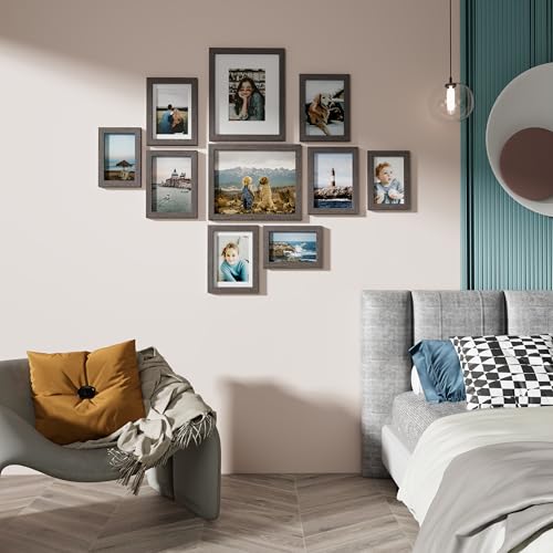 Image of Vittanly Picture Frames Set of 10, Picture Frames Collage Wall Decor with Two 8x10, Four 5x7 and Four 4x6 Photo Frames, Gallery Wall Frame Set for Wall or Tabletop Display, Rustic Grey