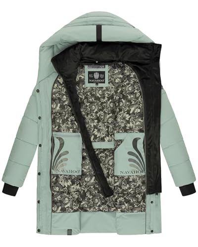 Navahoo Damen Wintermantel warmer Steppmantel lang mit Kapuze und abnehmbarem Fleece-Kragen Knutschilein Smokey Mint Gr. L