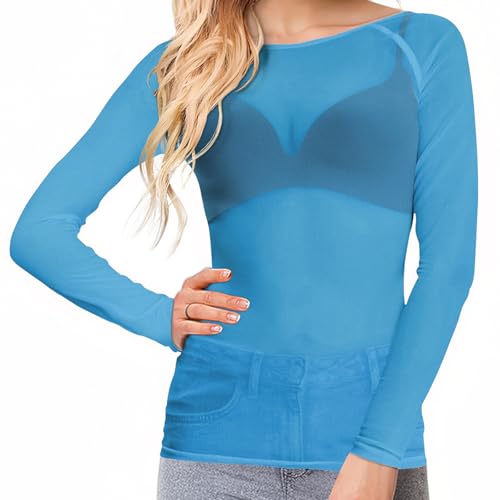 Buauty Sheer Tops for Women,Mesh Fishnet Tops Plus Size,Stylish and Sensational Mesh Blouses for Fashion-Forward Ladies Neon Blue