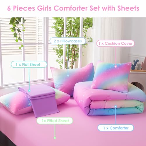 Image of 6Pcs Glitter Rainbow Kids Bed in A Bag Full Size Pink Teal Ombre Girls Bedding Comforter Set with Sheets Tie Dye Galaxy Gradient Bed Set (Pink Rainbow, Full)