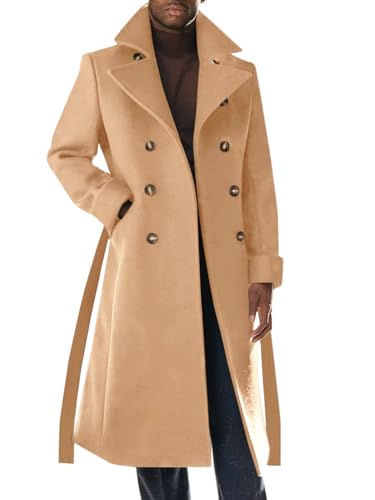 Image of Runcati Mens Trench Coat Notch Lapel Double Breasted Belted Pea Coat Wool Blend Winter Warm Overcoat