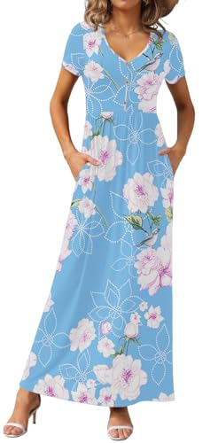 Image of GRECERELLE Womens Summer Long Maxi Dresses 2026 Short Sleeve V Neck Casual Button Dress with Pockets
