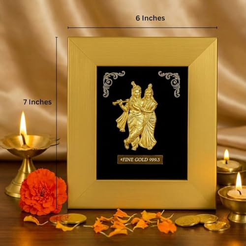 Image of Gold Plated Radha Krishna Photo Frame for Home Decor, Pooja Room Decoration, House Warming & Marriage Gifting - 7 x 6 Inches - 1 Piece