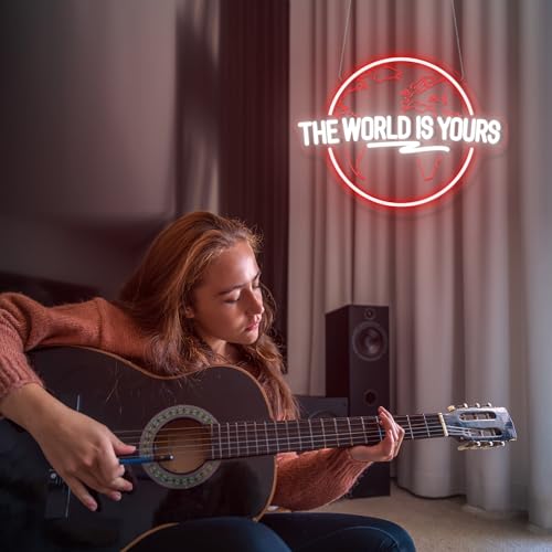 Image of The World Is Yours Neon Sign Carved Planet Adjustable Brightness USB Powered LED Neon Signs for Wall Decor Light Up Signs for Bedroom Classroom Office Man Cave Game Room 41cm*31cm