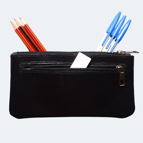 Image of Vintage Leather Pencil Case Pouch, Pen Pouch for Work and University, for Men and Women Elegant & Practical Brown Leather Pencil Cases for Adults Perfect for Office (Black) (Black)