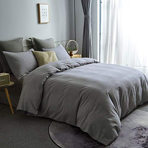 Atsense Duvet Cover Queen Size, 100% Washed Cotton Linen Feel Super Soft Comfortable, 3-Piece Grey Duvet Cover Bedding Set, Durable And Easy Care, Simple Style Farmhouse Comforter Cover #TOP1
