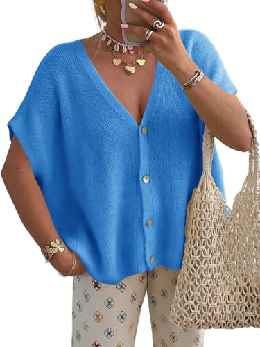 Image of Saodimallsu Womens Summer Oversized Cardigans Batwing Short Sleeve Lightweight Button V Neck Casual Knit Sweater Tops