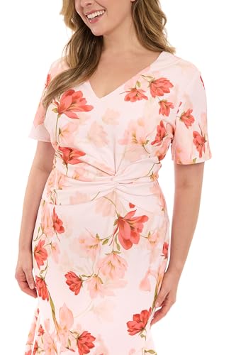 Image of London Times Women's Women's Twist Front V-Neck Midi Dress - Short Sleeve Fitted Trumpet Hem - Special Occasion Wedding Guest Dress