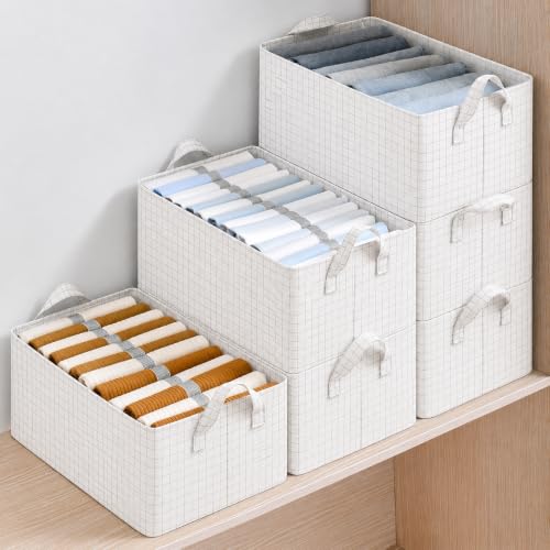 Image of HomeCloud Foldable Cloth Basket for Storage with Metal Frame and Handles, Clothes Organizer for Wardrobe, Clothing Storage Solutions (Off White, Set of 4)