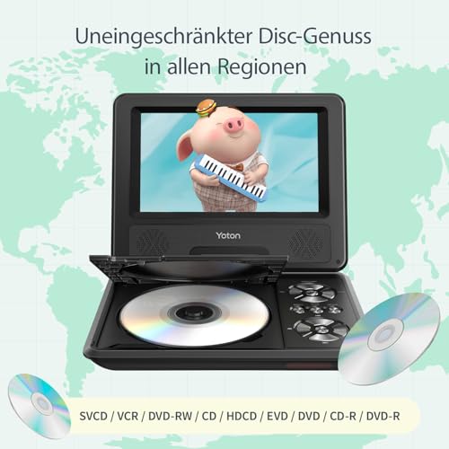 9,5\ Tragbarer DVD-Player für Kinder im Auto mit 7,5\ HD-Schwenkbildschirm, Stereo-Lautsprechern, 6 Stunden Akkulaufzeit, Sync-TV/USB/SD-Karte-Unterstützung [Kein Blu-ray Support]