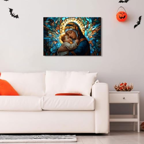 Image of Christian Wall Art Religious Wall Decor Mother Mary Hold Child Jesus Canvas Picture Abstract Mosaic Paintings for Prayer Bedroom 16x24 inch Bible Spiritual Healing Poster Print for Church Decorations