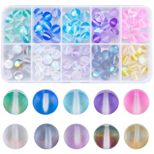 SOFPLATE 1 Box 100Pcs 8mm Moonstone Glass Bead Bulk Matte Crystal Beads 8mm Frosted Colorful Mermaid Round Glitter Shiny Aurora Loose Spacer Bead for Bracelets Jewellery Making DIY Crafts Supplies