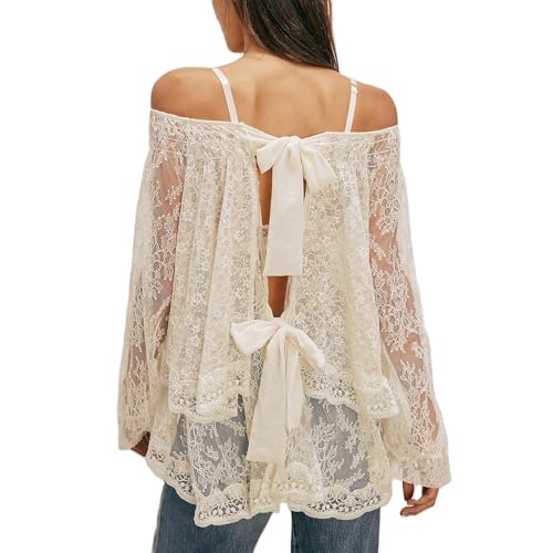 Women Sheer Lace Off The Shoulder Tops Lantern Long Sleeve Tiered Lacy Tops Loose See-Through Blouses2