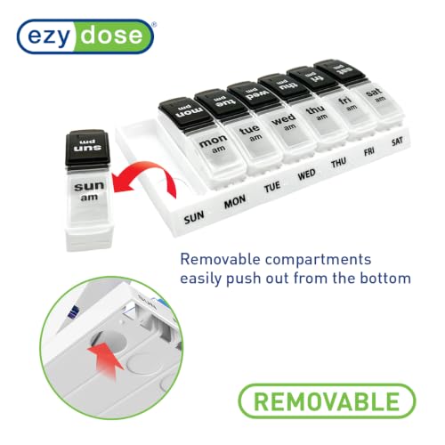 Image of Ezy Dose Weekly (7-Day) AM /PM Pill Organizer, Large Case, Black /White | Daily Vitamin & Supplement Medicine Box, Spacious Pop-Out Compartments, 2 Times a Day Pill Holder, Travel-Friendly, BPA-Free