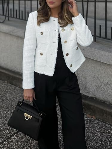 Cicy Bell Cropped Blazers for Women Business Casual Tweed Collarless Button Down Womens Jackets3