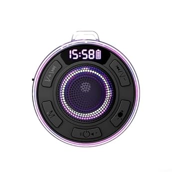 Foto di Besshepplo Altoparlante impermeabile IPX7 per doccia con suono surround a 360°, spettacolo di luci RGB e radio FM con ventosa staccabile per bagno, piscina, viaggi, uso esterno, 5.1 wireless (nero)