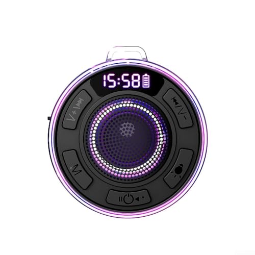 Besshepplo Altoparlante impermeabile IPX7 per doccia con suono surround a 360°, spettacolo di luci RGB e radio FM con ventosa staccabile per bagno, piscina, viaggi, uso esterno, 5.1 wireless (nero)