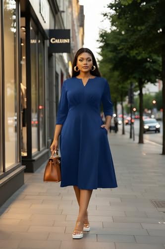 Image of Nmoder Women's Plus Size Stretchy Flared Wrap Dress Casual Wedding Guest Midi Dresses V Neck 3 /4 Sleeve A-Line Swing Dress