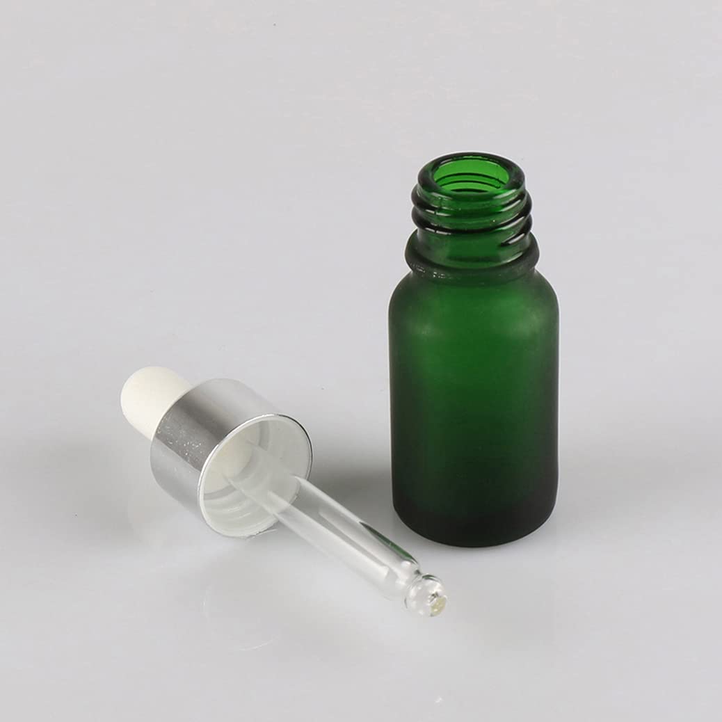 24 Pezzi Verde Opaco Bottiglie Contagocce in Vetro 10 ml, Ambra Vuoto Flaconi con Pipetta Contagocce d'argento, per Olio Essenziale, Aromaterapia con Imbuti
