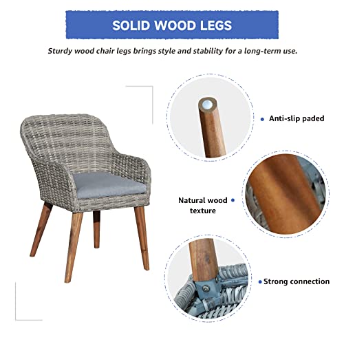 Soleil Jardin Patio Dining Chairs Set Of 2 With Wood Legs, Outdoor Rattan Wicker Chairs With Seat Cushions For Lawn, Deck, Porch, Balcony, Backyard And Garden, Grey #TOP5