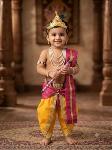 Image of Krishna Dress for Baby Boy Kids Janmashtami Costume | Dhoti & Patka Included, Mukut & Morpankh, Bansuri & Kamarband, Bajuband & Kundal, 8-Piece Set