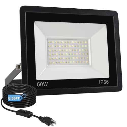 GAXTW 50W Flood Lights Outdoor 8000LM Bright LED Work Light IP66 Waterproof Security Outside Lights for Yard with Switch and 6.5FT Cord 6500K Daylight White Plug in Outdoor Light for Garage Garden