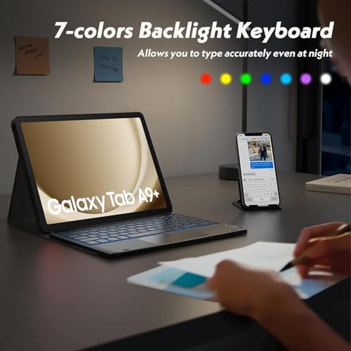 Image of HOM Tri-Fold 7-Colour Backlight Detachable Wireless Bluetooth Keyboard with Trackpad /Touchpad Tablet Cover Case for Samsung Galaxy Tab A9 Plus / A9+ 11 inch Tablet - Black