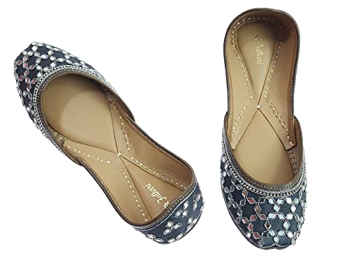 Image of Fulkari Women's Mirror Genuine Soft Leather Juttis | Bite and Pinch Free Jutis | Ladies Punjabi Jutti | Wedding Flat Stylish Mojari | Phulkari Ethnic Flats For Girls |