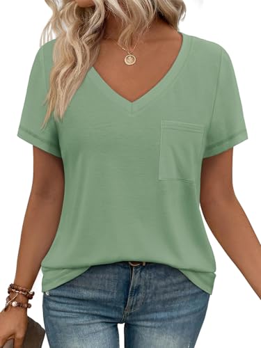 Dhigali Womens T Shirts Short Sleeve V Neck Tops with Pockets Summer Fashion Trendy Soft Casual Comfy Outfits Clothes 2026 Light Green