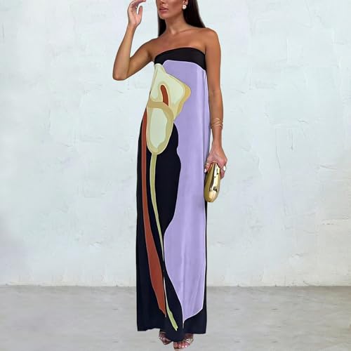 Image of Women Y2k Strapless Maxi Dress Summer Backless Floral Long Tube Dress Off Shoulder Cocktail Party Dress