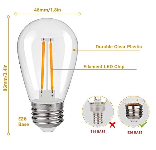 Ruiaotd 25Pack S14 Led Replacement Light Bulbs, Shatterproof Outdoor String Plastic Light Bulbs, 2W Equivalent 20W, E26 Base, 2200K Warm White Led Vintage Light Bulbs, Non-Dimmable #TOP1