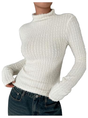 Image of OYOANGLE Women's High Neck Long Sleeve Fuzzy Sweater Ribbed Knit Slim Fit Pullover Tops