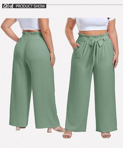 Image of OLRIK Women's Plus Size Pants Adjustable High Waisted Wide Leg Palazzo Pants Casual Trousers with Pockets Spring Clothes